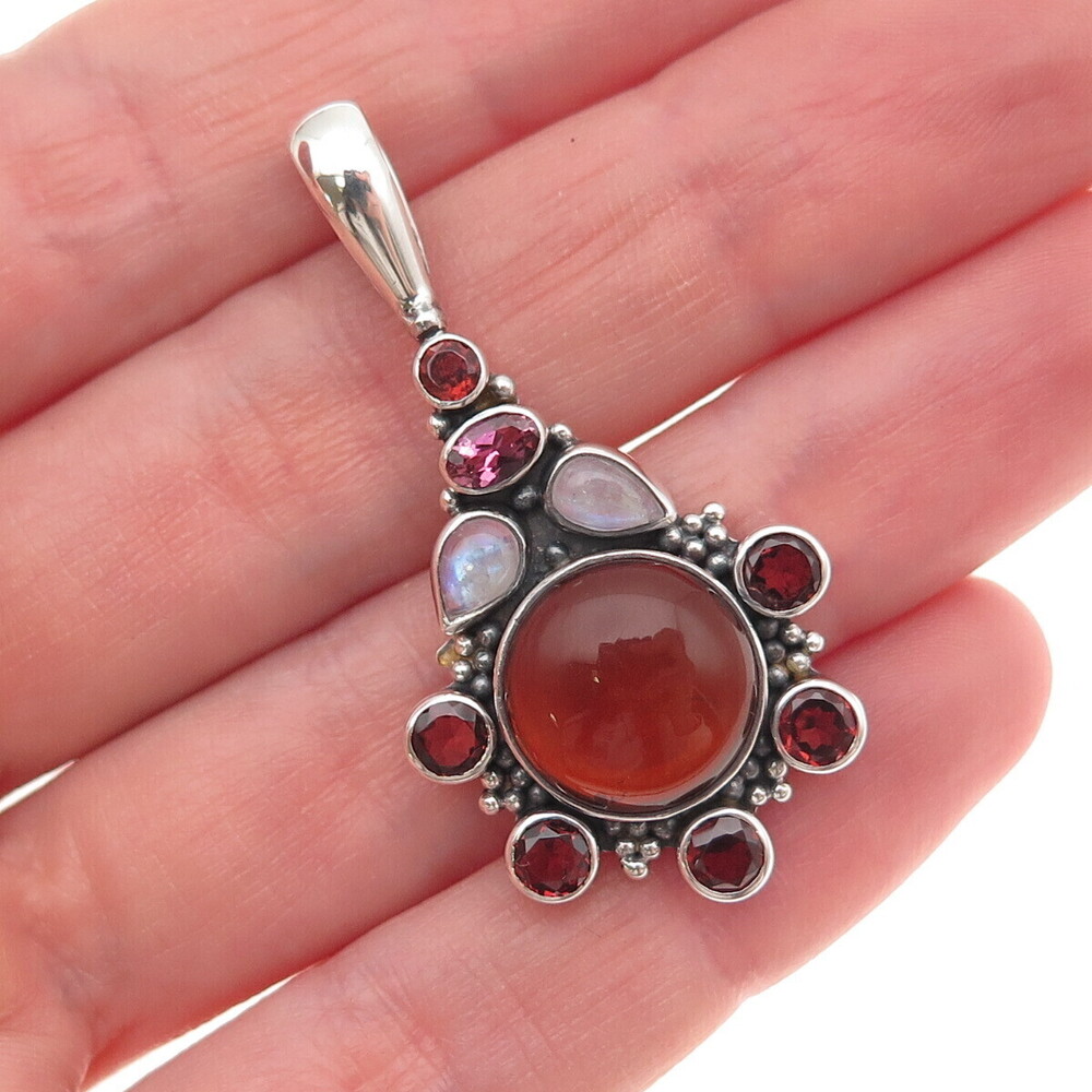 Sajen 925 Sterling Silver Vintage Real Amber Tourmaline Garnet Moonstone Pendant